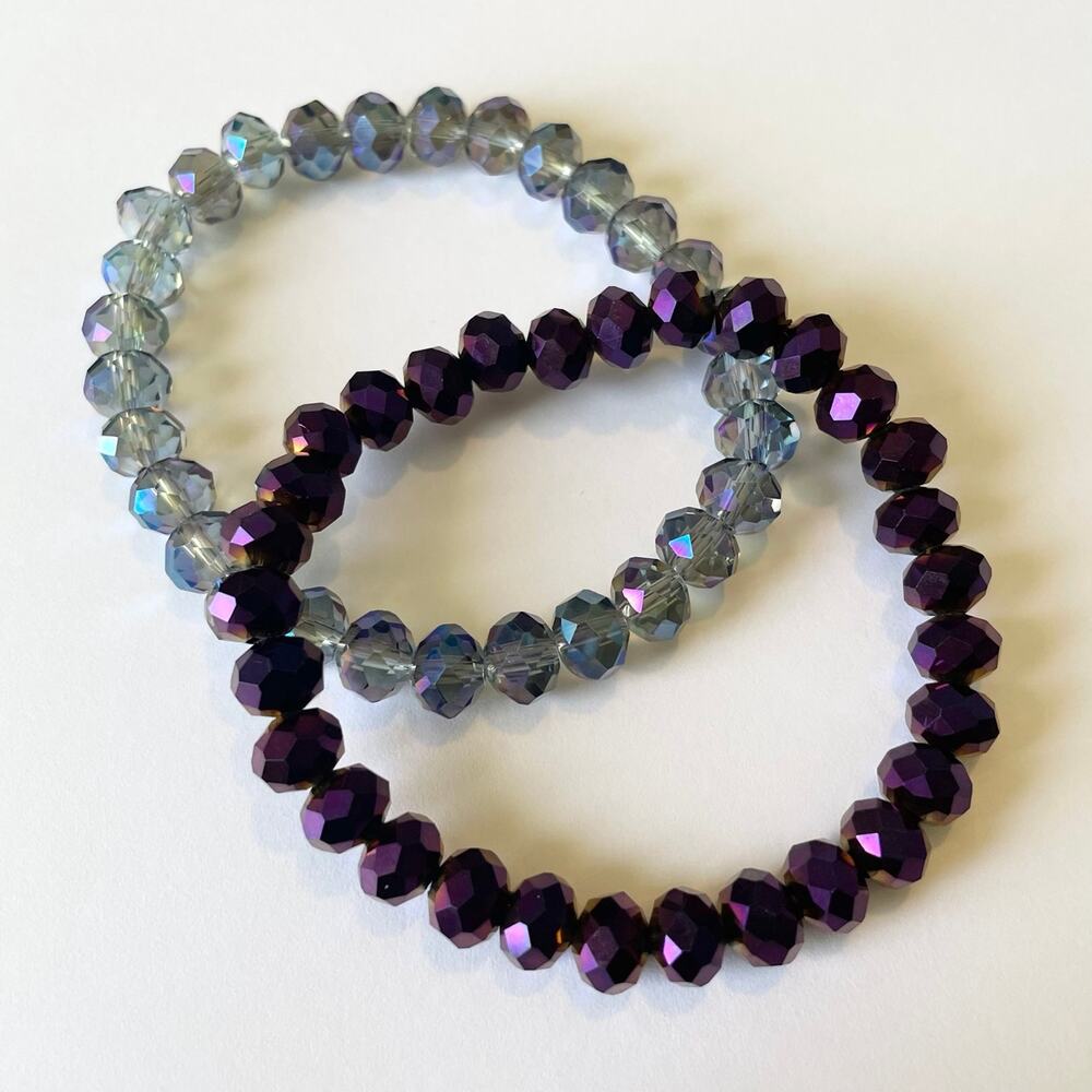 2 Piece Electroplated Faceted Austrian Crystal & Painted Glass Bracelet Set ~ 7”
